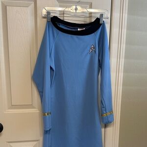 Blue Long-Sleeve Dress with Gold Accents